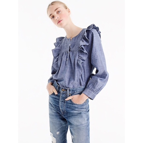 J. Crew Tops - NWT J crew blue ruffle front chambray blouse shirt top